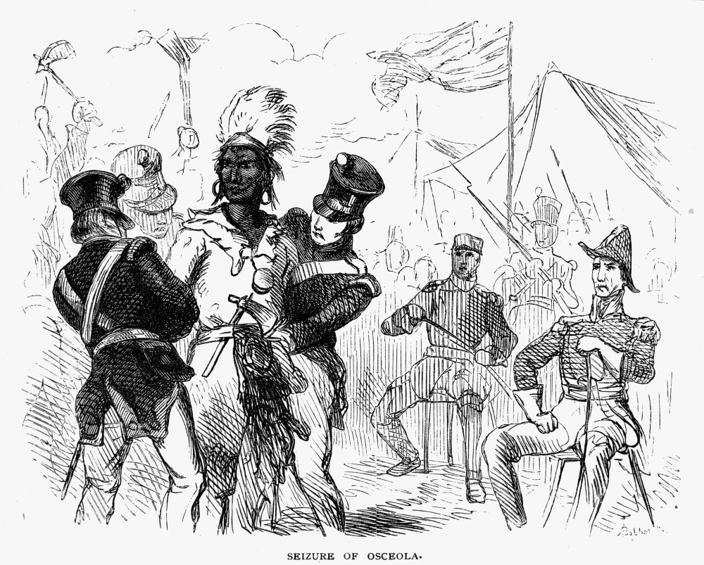 1837 wood engraving of U.S. troops seizing Osceola under a white flag near Fort Peyton, Florida